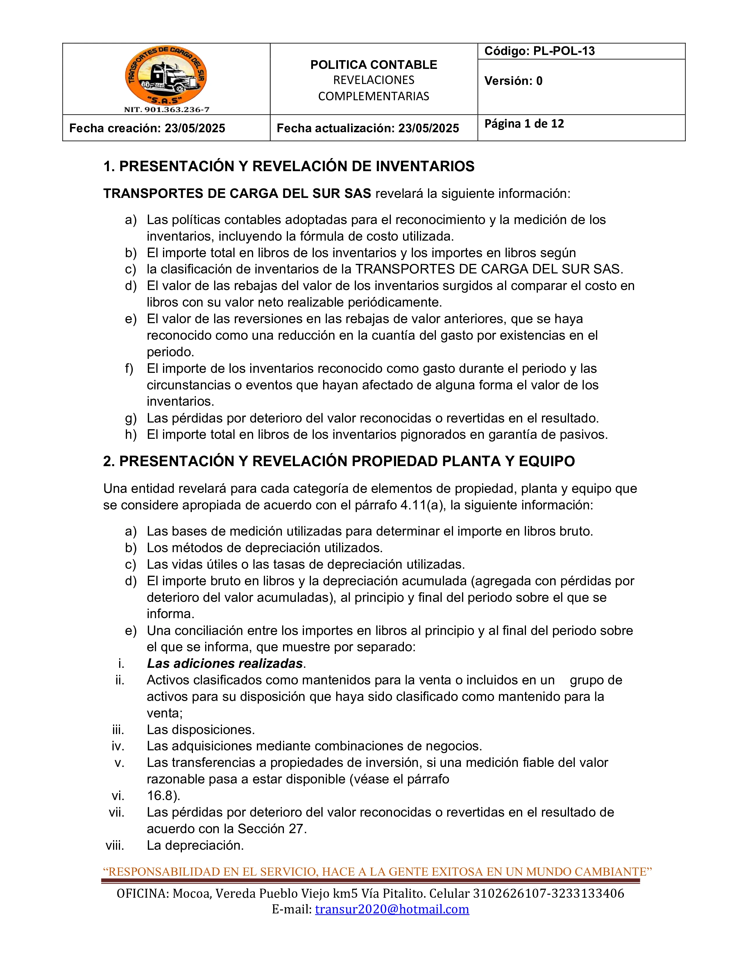 Política Contable Revelaciones Complementarias 1