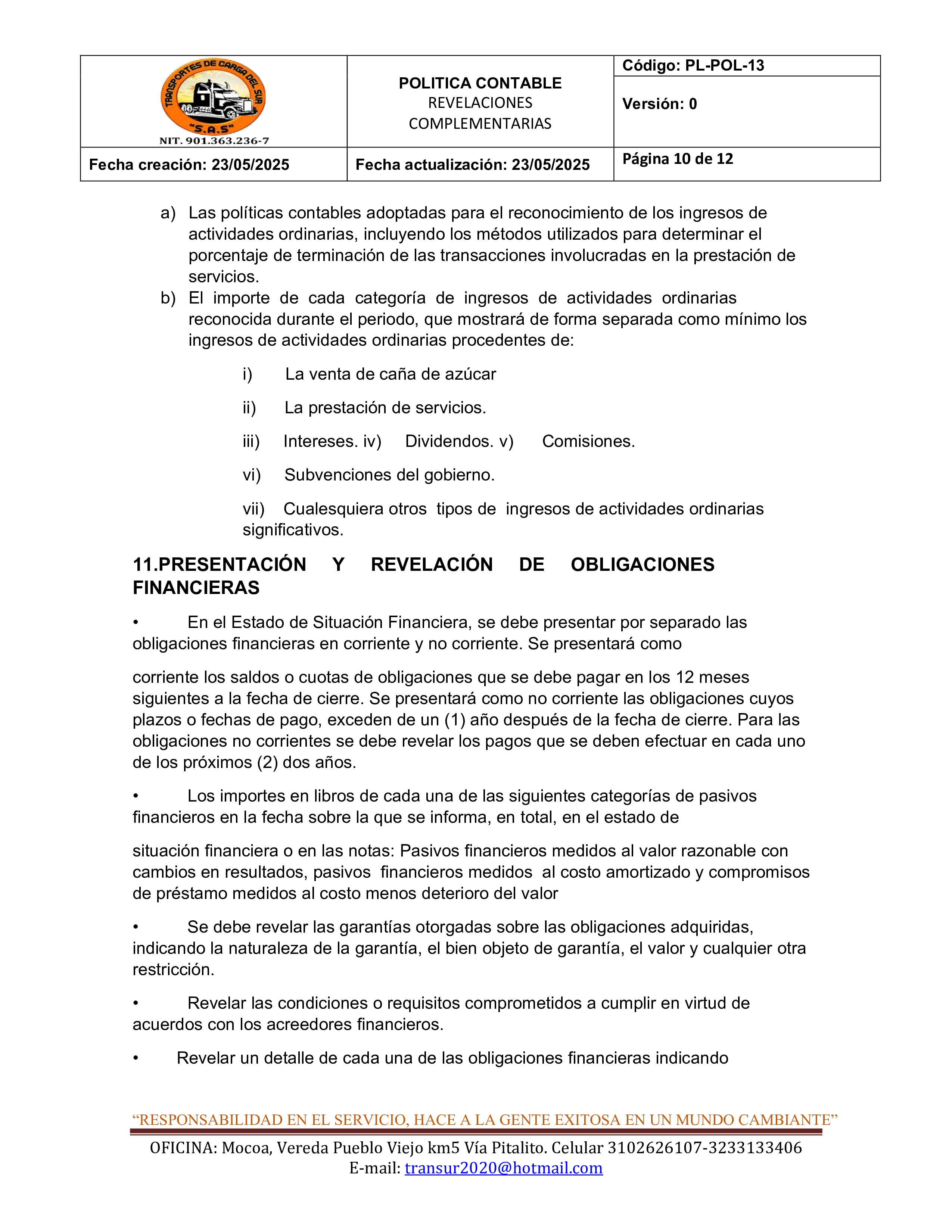 Política Contable Revelaciones Complementarias 10