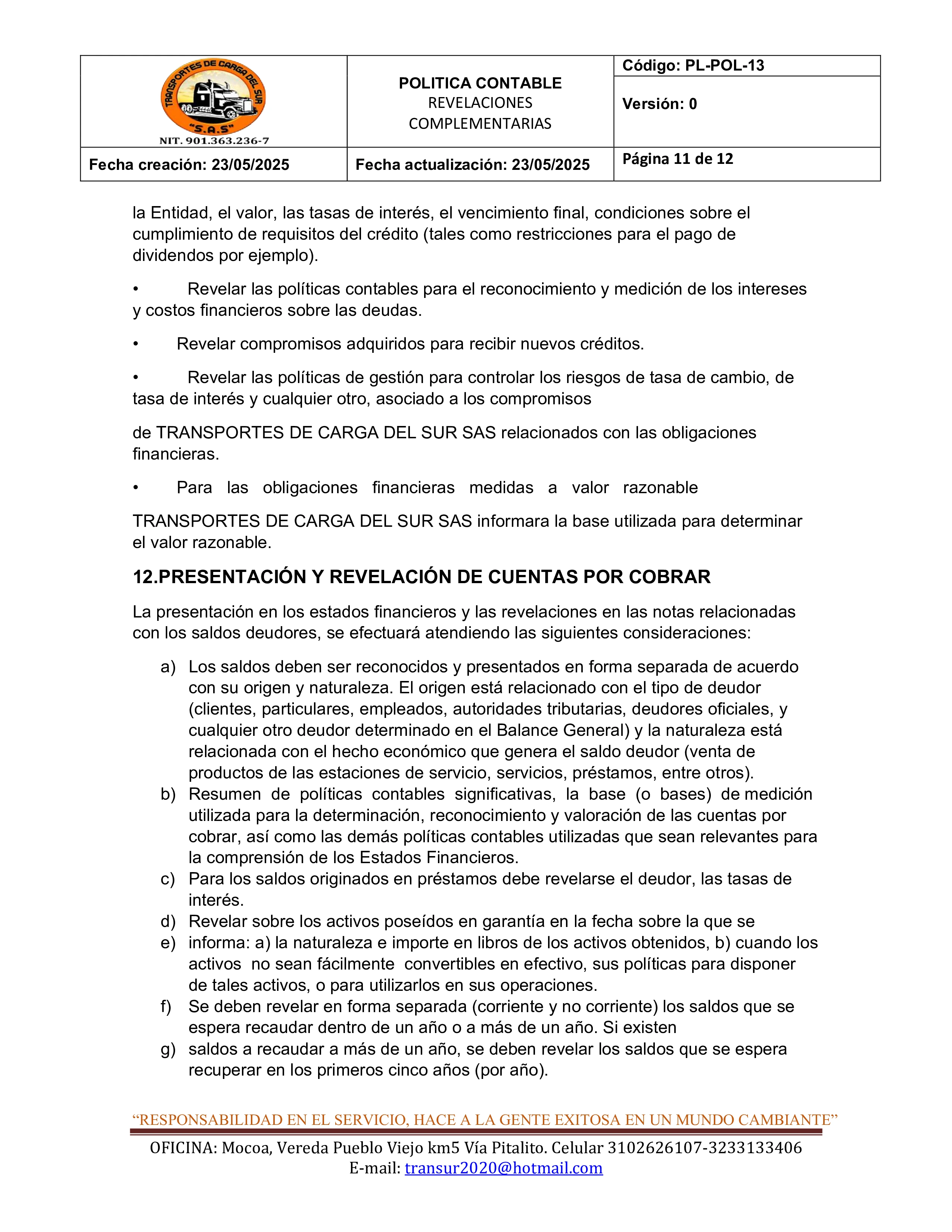 Política Contable Revelaciones Complementarias 11