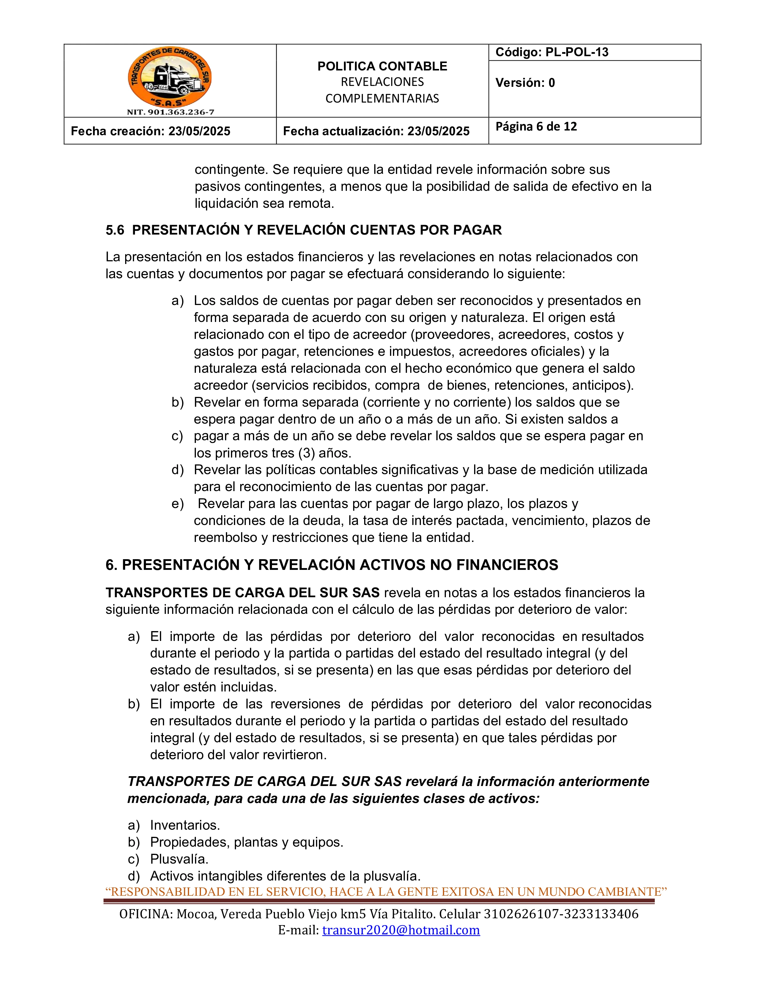 Política Contable Revelaciones Complementarias 6