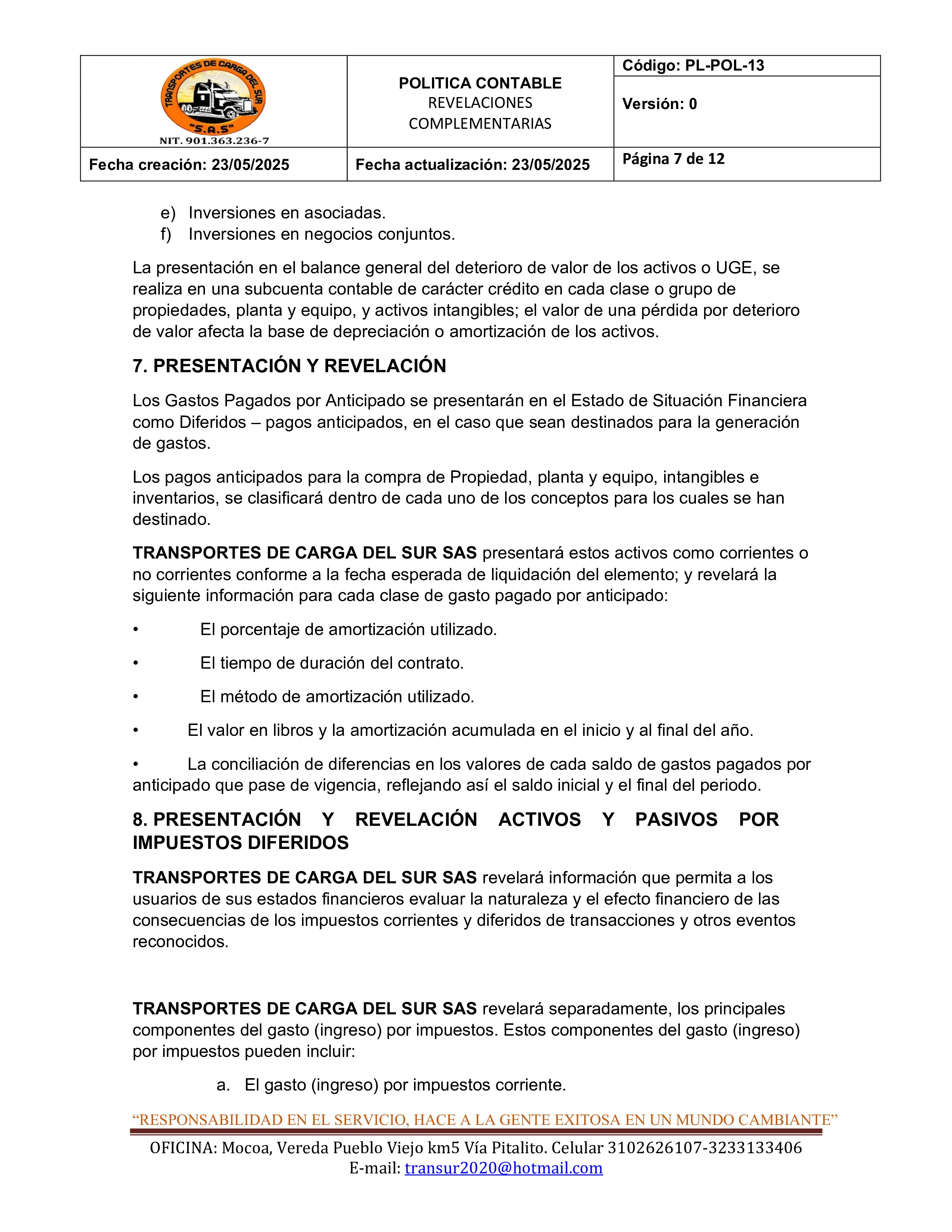 Política Contable Revelaciones Complementarias 7