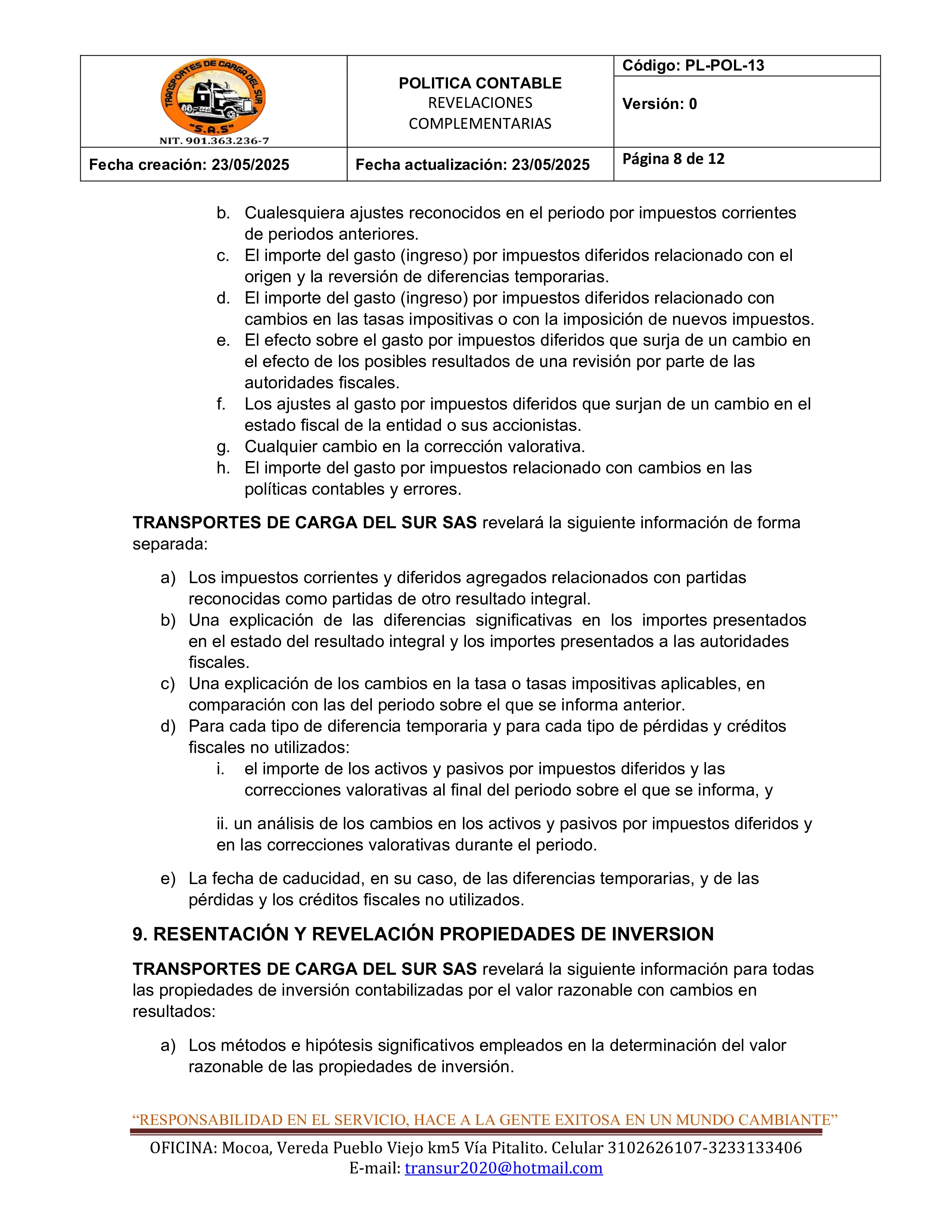 Política Contable Revelaciones Complementarias 8