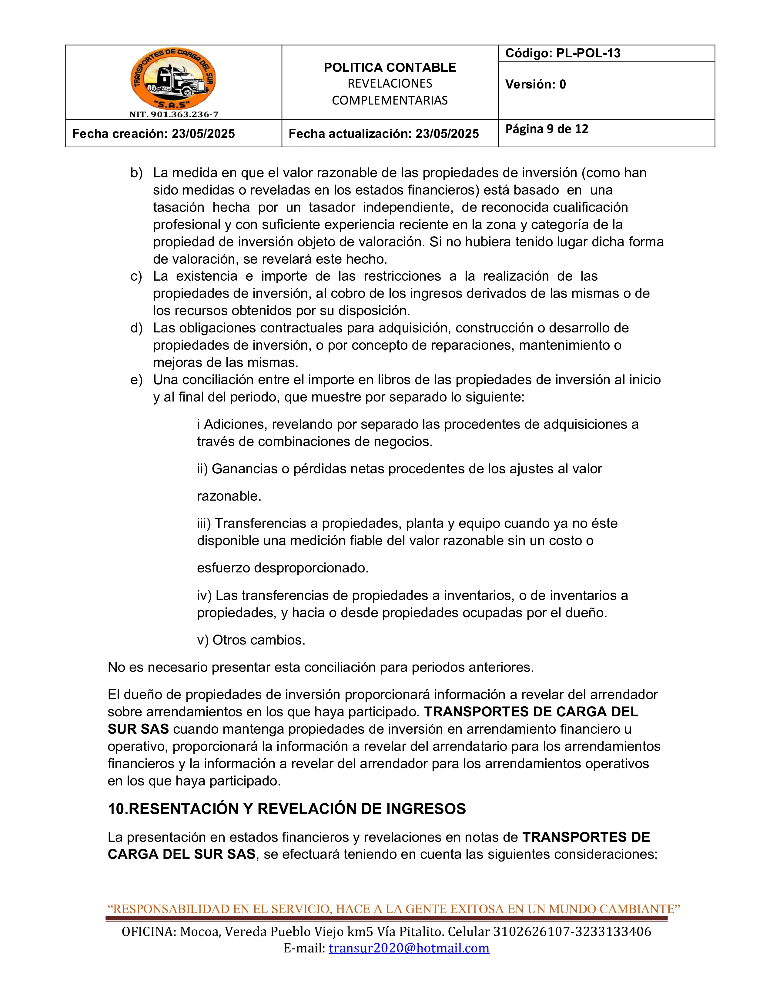 Política Contable Revelaciones Complementarias 9