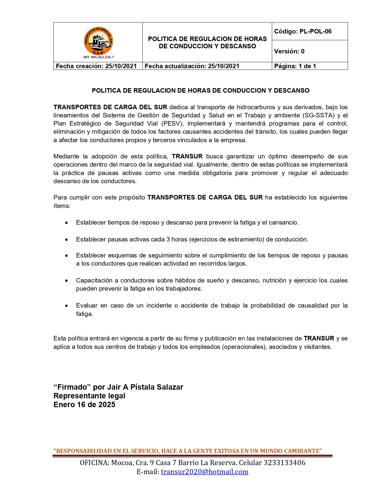 Política de Regulación de Horas de Conducción y Descanso